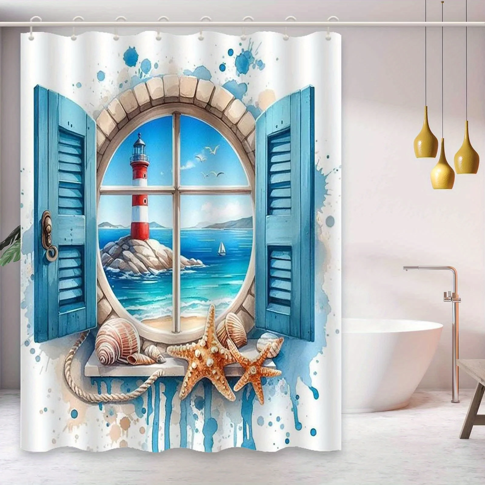 

Занавеска для душа с изображением прибрежного маяка, синих жалюзи и видом на море для декора ванной комнаты в морском стиле. Крючки в комплекте.