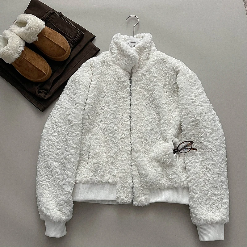 

Корейский стиль, плюшевое пальто с воротником-стойкой для женщин, осень-зима 2022, новая теплая куртка на молнии с длинными рукавами, модная верхняя одежда