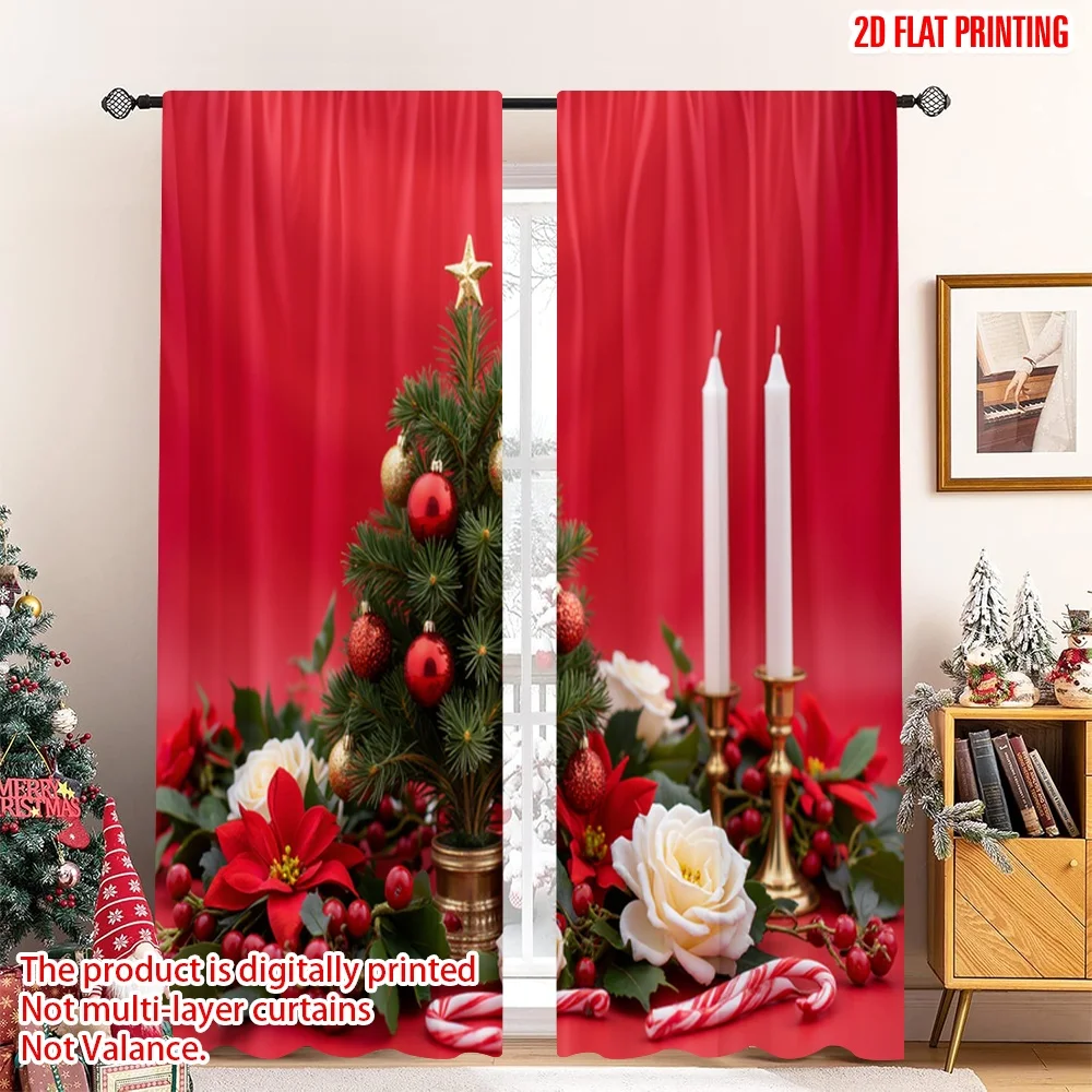 

2pcs 2D flat printing Christmas Party Curtain Christmas Poinsettia Roses Candles 100% Polyester Fabric Without Electricity