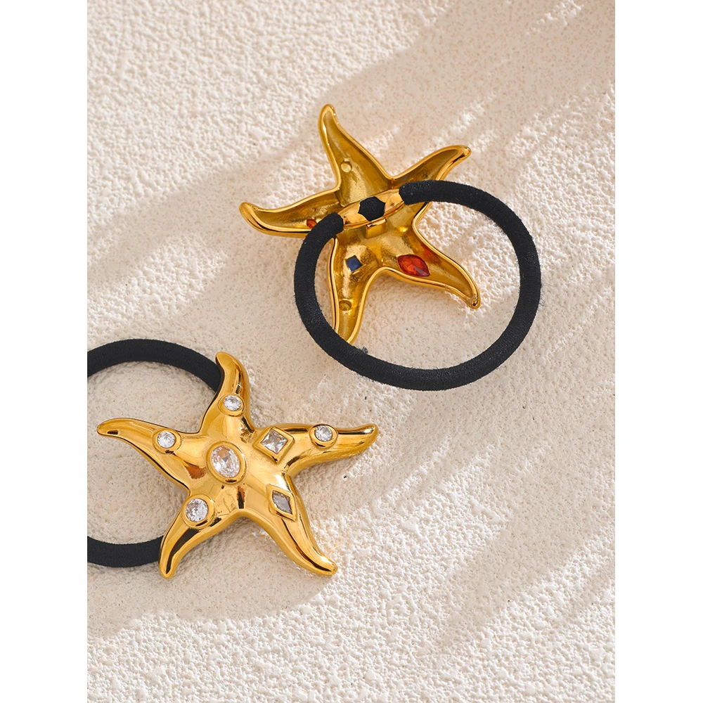 Yhpup-Acessórios para cabelo Starfish para adultos, faixa de zircônia cúbica colorida, cor dourada 18k, gancho impermeável em aço inoxidável, 2024