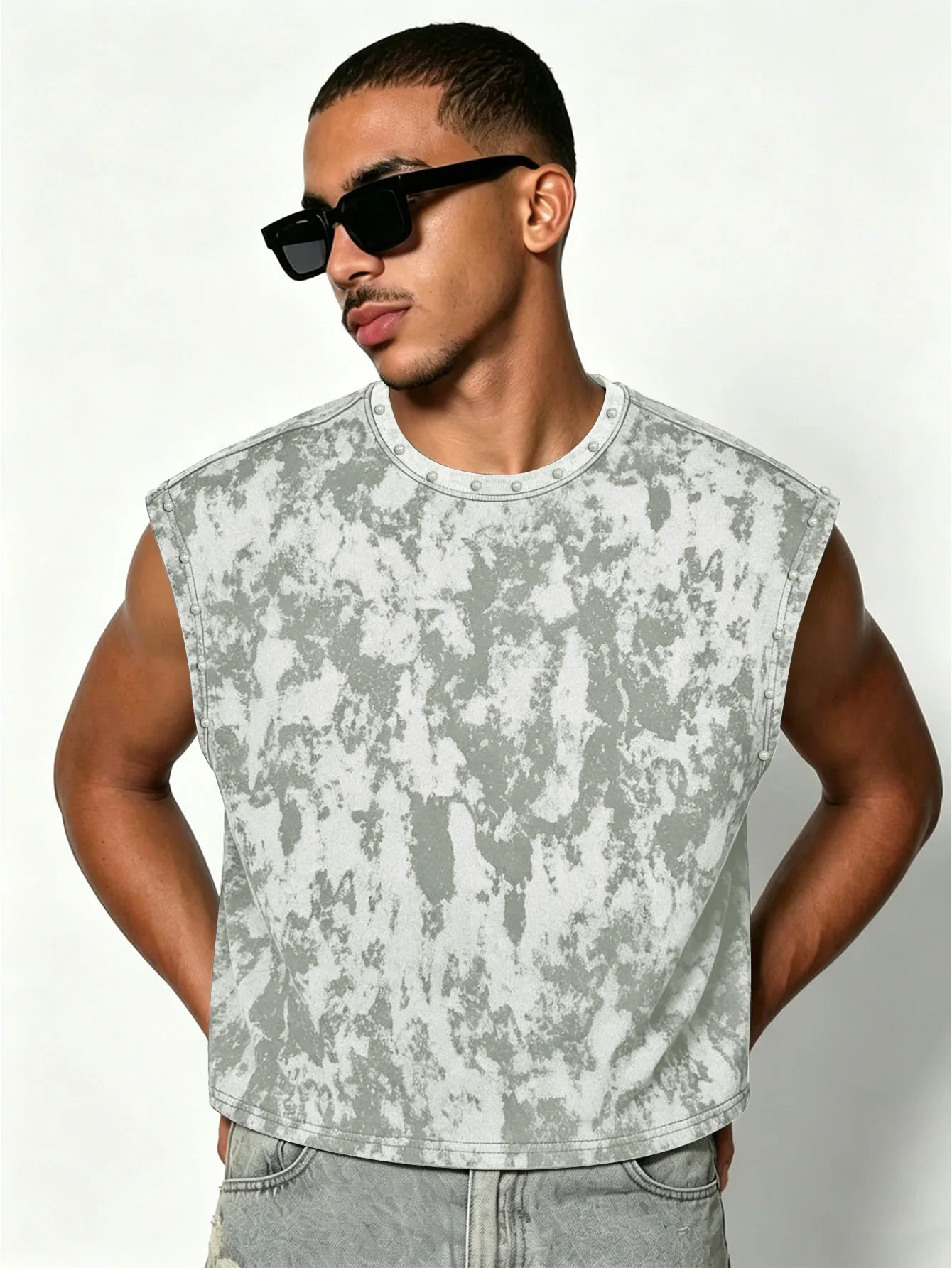 Herren Tie-Dye Ärmelloses Tanktop, Imitationsperlen-Street-Weste, Personalisierte Tanktops, Ärmelloses T-Shirt für Männer – Detail 3