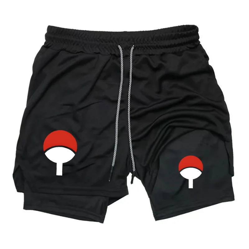 

Мужские спортивные шорты 2-в-1 с принтом аниме Наруто Учиха, двухслойные, быстросохнущие, для бега, с компрессионными вкладышами