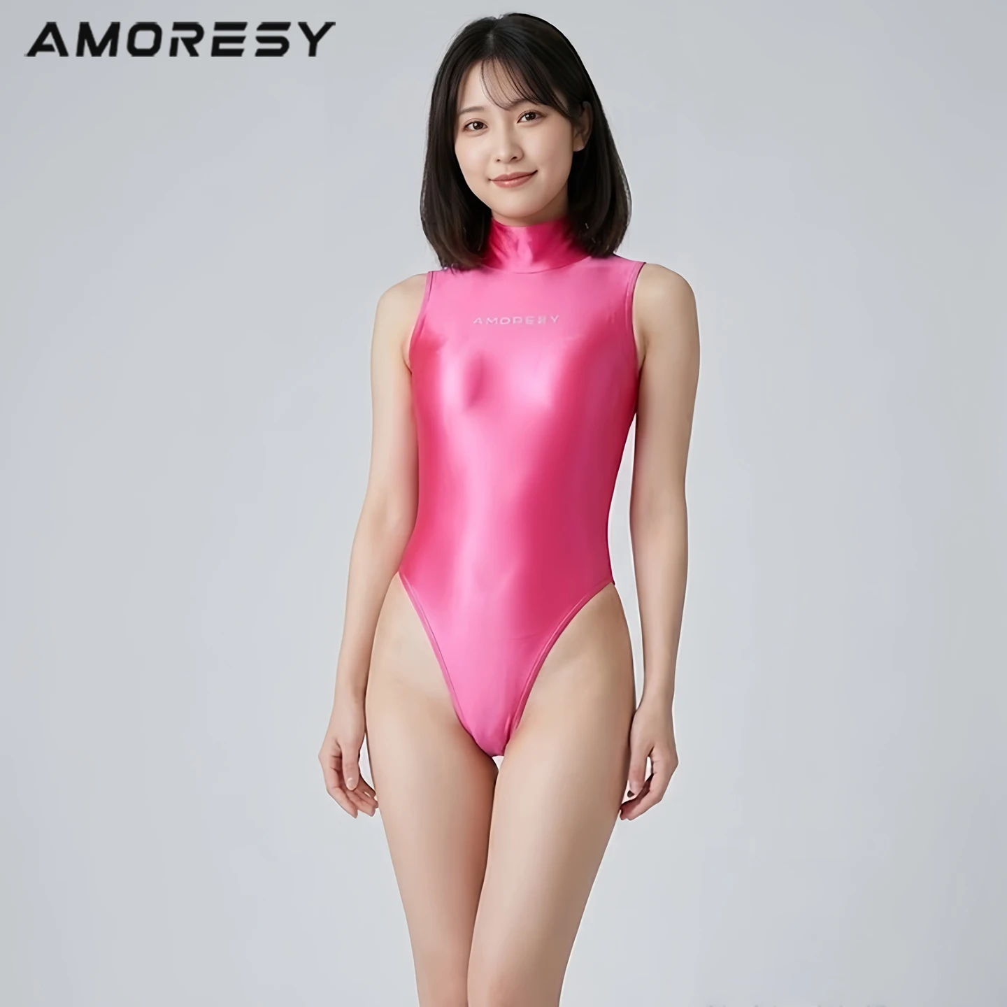 AMORESY Women's Shiny Glossy High Cut One Piece Swimsuit Sleeveless Sexy Transparent Thin Leotard Pool Party Bathing Swimwear