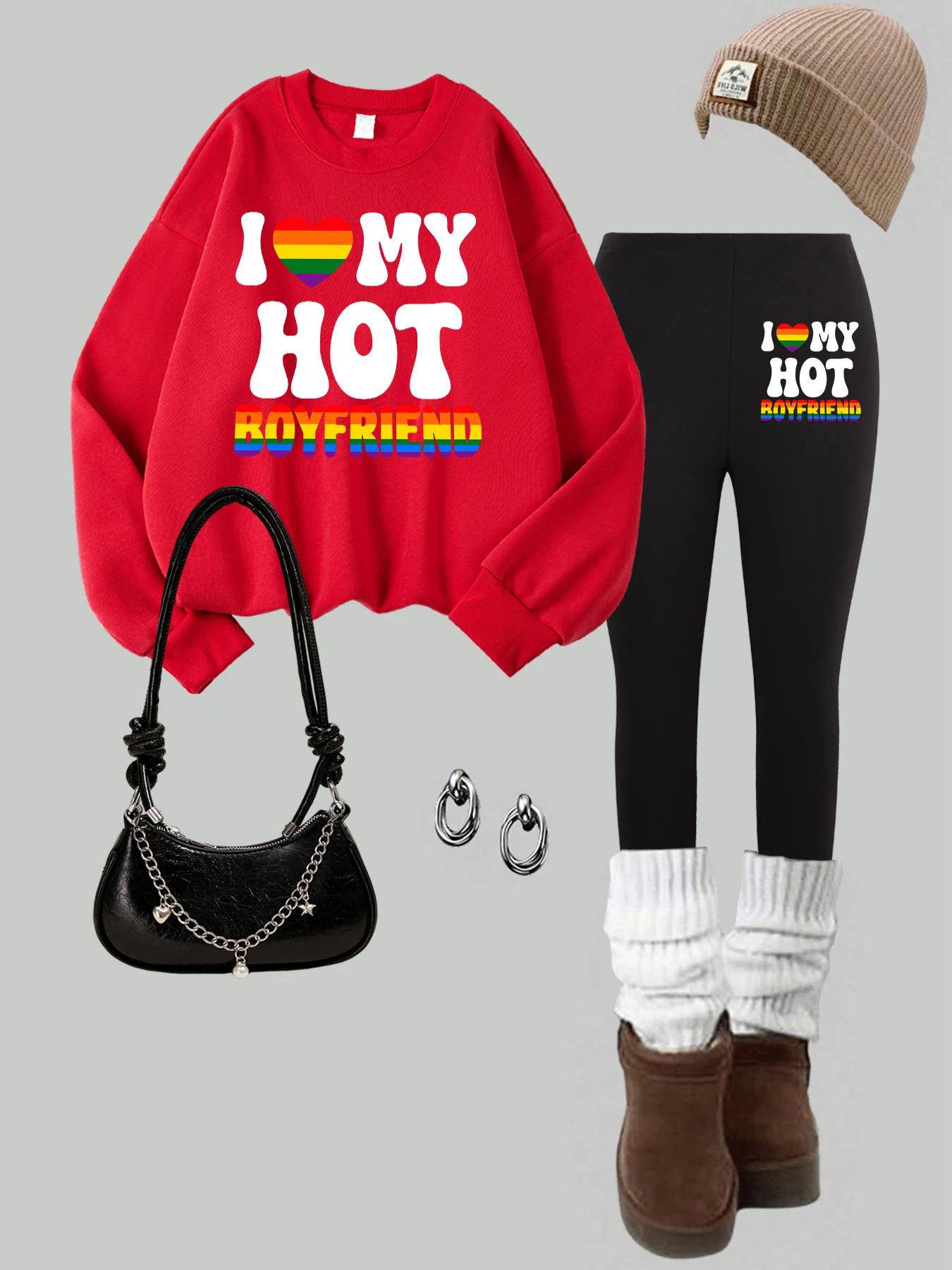 أنا أحب الساخن صديقها نمط البلوز مجموعة النساء Crewneck البلوفرات فضفاضة الصوف مرونة طماق الخريف رشاقته بانت مجموعات