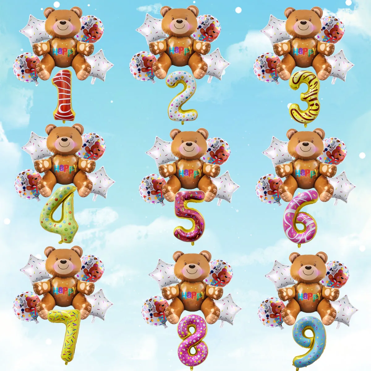 3D Brown Assembly Foil Birthday Bear Balloons with 32inch Doughnut Number Helium Balloon Baby Shower Birthday Party Decorations