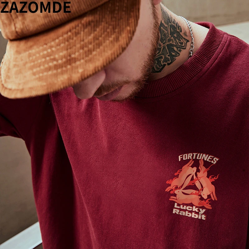 ZAZOMDE 2023ฤดูร้อน100% ผ้าฝ้ายซามูไรกระต่ายพิมพ์เสื้อยืดชายกีฬาลำลองขนาดใหญ่เสื้อยืด Hip Hop Men Daily Tshirt Tees