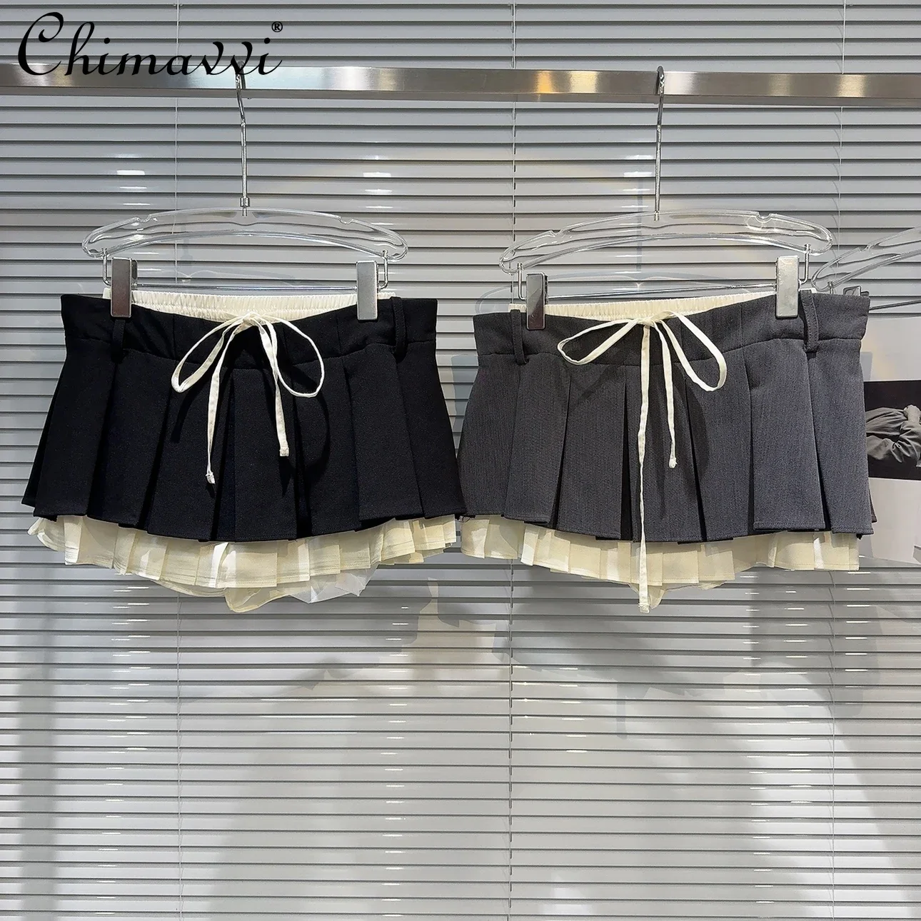 

Preppy Style Sweet Cool Hot Girl Drawstring Lace-up High Waist A-Line Double-Layer Black Pleated Mini Skirts Women Summer 2024