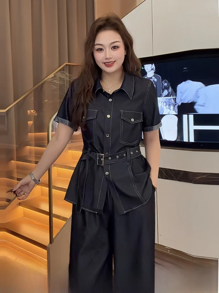 

plus Size Women's Korean Style Denim Shirt Set Short Sleeve Wide Leg Pants Summer Fashion Casual High Waist Belted Trousers
