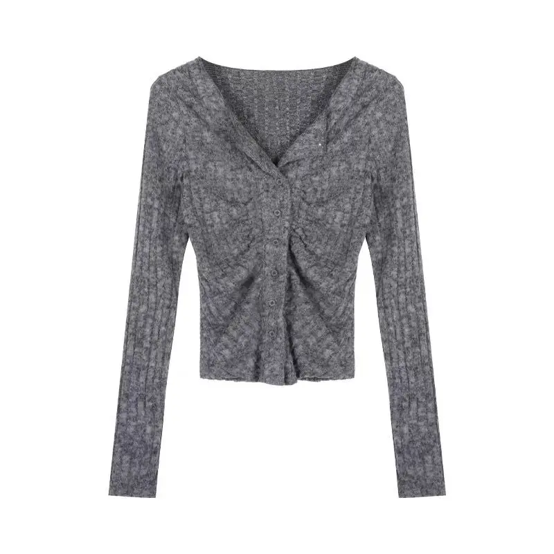

Slim Pleated Long Sleeve Temperament Cardigan Spring Autumn New Solid Button Korean T Shirt Tops Fashion Casual Women Clothing