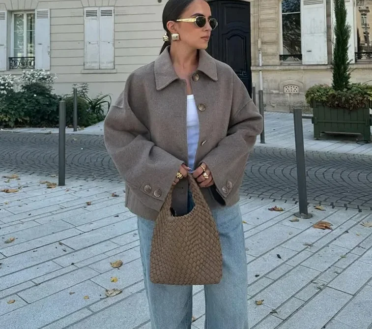 

Long Sleeved Vintage Single Breasted Women's Woolen Coat Casual Collar Solid Color Short Jacket Female Versatile Outerwear