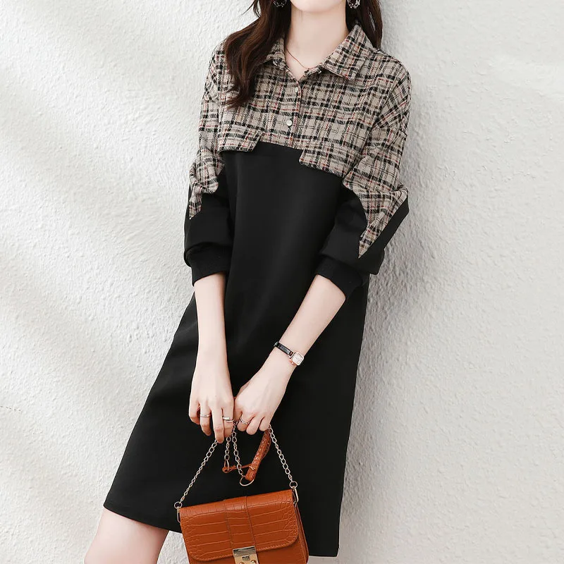 

Women's Plaid Spliced Long Sleeve Dresses 2023 Autumn New Fashion Female Clothing Commute Turn-down Collar Loose All-match Dress