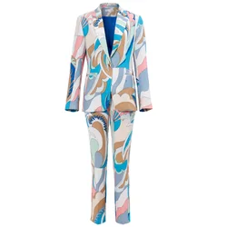 Brand Designer Autumn Two Pieces Floral Blazers Women Pants Suits Office Lady Print Blazer Jacket Skinny Long Pants Sets