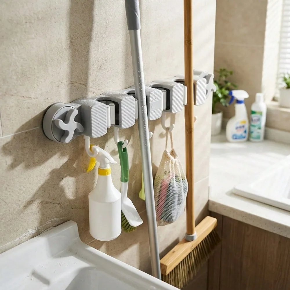 

Strong Suction Cup Mop Holder, No-Drill Wall-Mounted Design, Suitable For Bathroom, Toilet, Balcony, Practical Mop Storage Rack And Hook