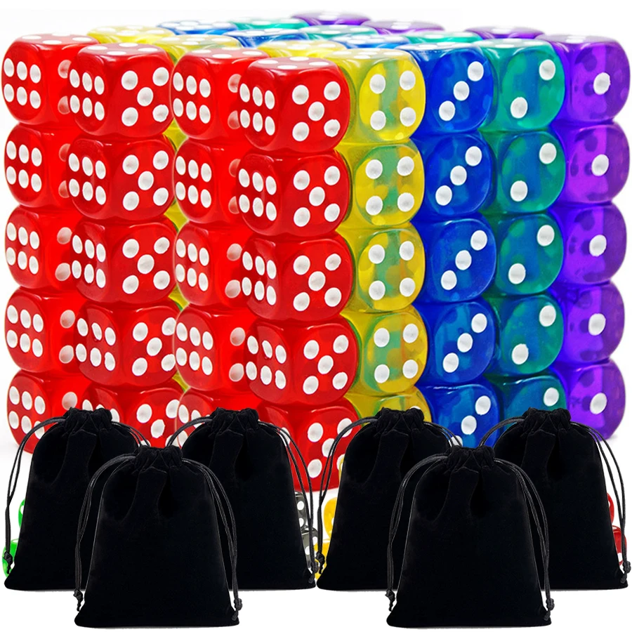 

60pcs 14mm High-Transparency Acrylic Colored Dot Dice & 6pcs Black Drawstring Storage Bags Role-Playing Game Dice Party Supplies