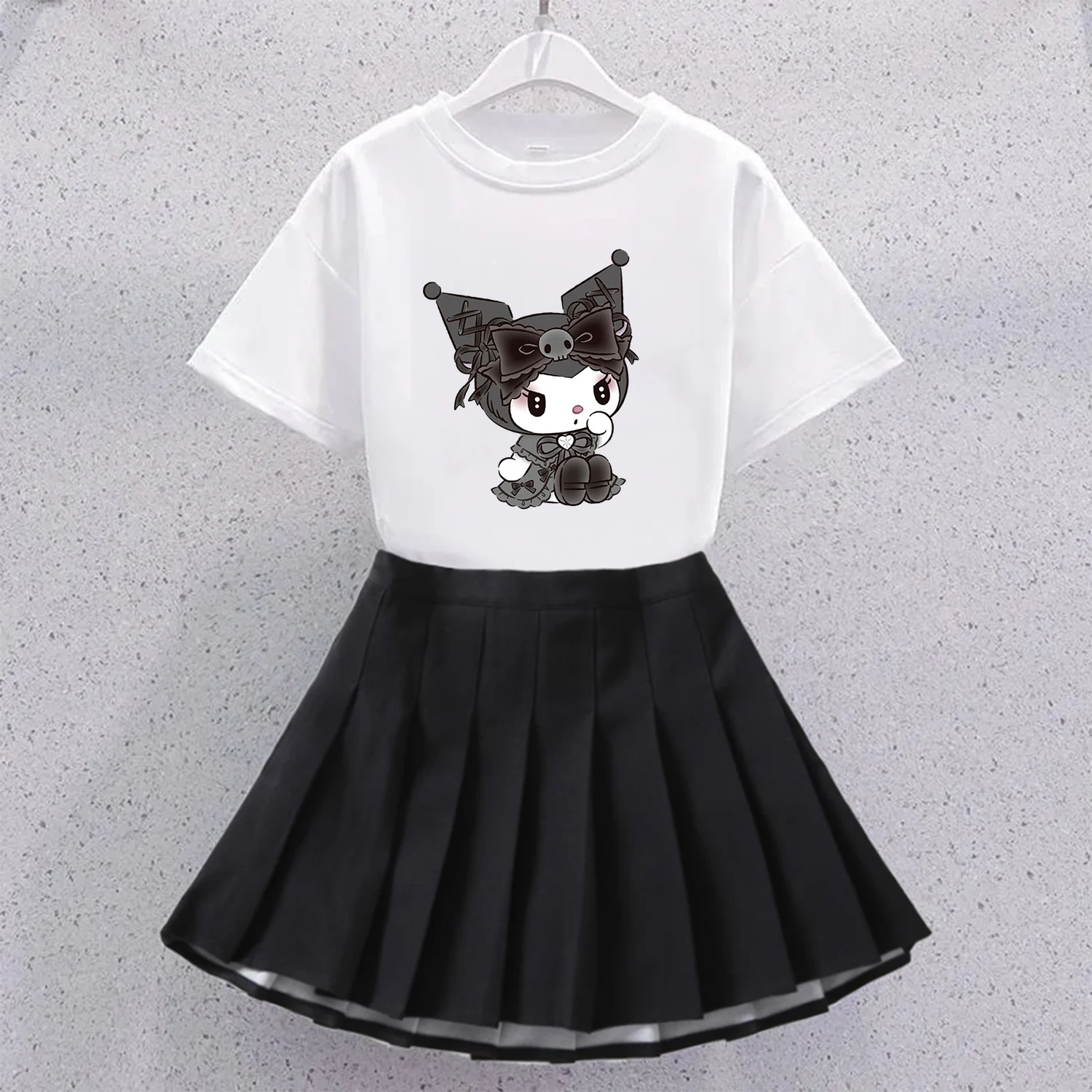 Kuromi T-shirt Pleated Skirt Set for Girls Cute Sanrio Cartoon Clothes Skirt 2pcs Suit Fashion School Spirit Clothing Kids Gift