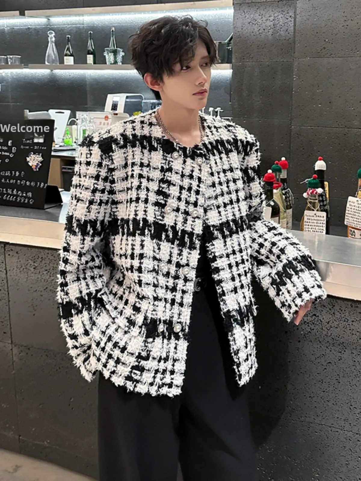 

Мужская модель для ночного клуба Faion ort oulder с подкладкой без воротника, вязаный костюм Jaet Bla, белый клетчатый молодежный тренд, весна-осень