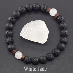 Genuine Natural White Jade Beaded Bracelet Women Men Round Jade Stone Volcanic Lava Elastic Purify the Soul Yoga Meditation Gift