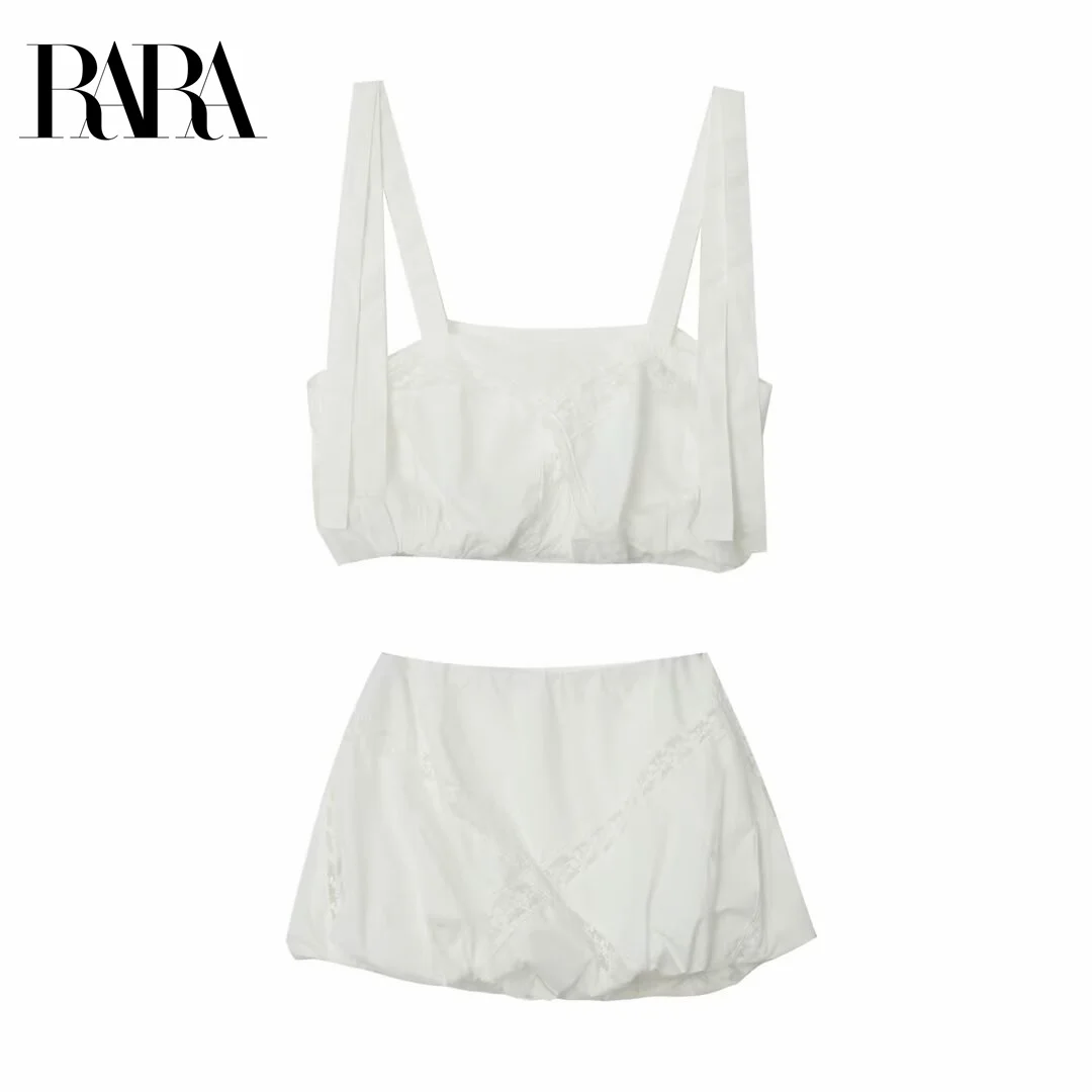 

RARA Women's Summer New Embroidered Lace Decorated Sleeveless Halter Vest Top and Embroidered Lace Decorated Mini Bubble Skirt