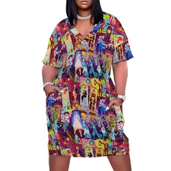 Haunted Mansion Dress V Neck Retro Mansion Collage Basic Dresses Summer Elegant Casual Dress Women Printed Big Size Clothes