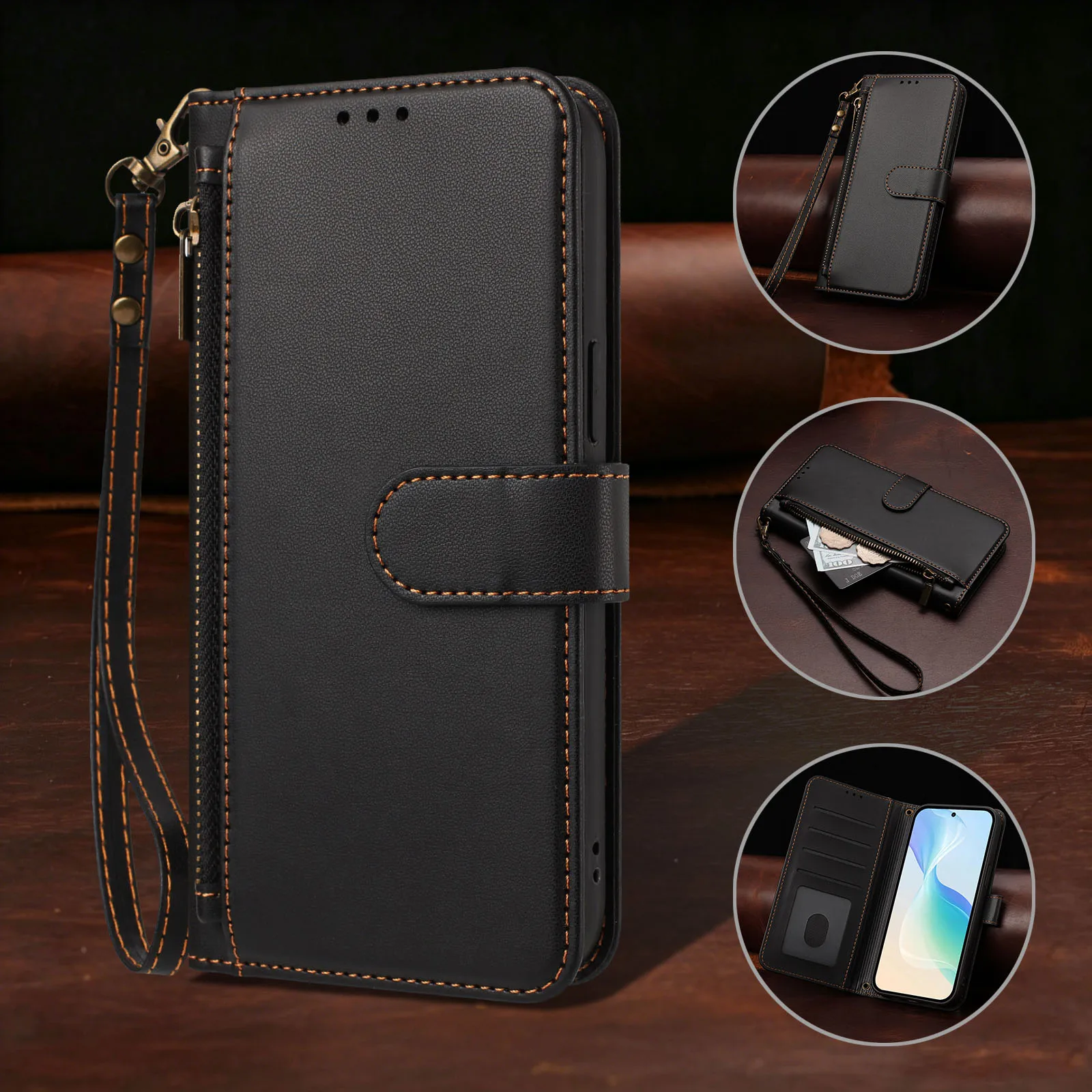 Crossbody Zipper Pocket Leather Flip Case For Samsung Galaxy A57 A37 A27 A17 A56 A36 A26 A16 A55 A35 A25 A15 A05 4 Cards Cover