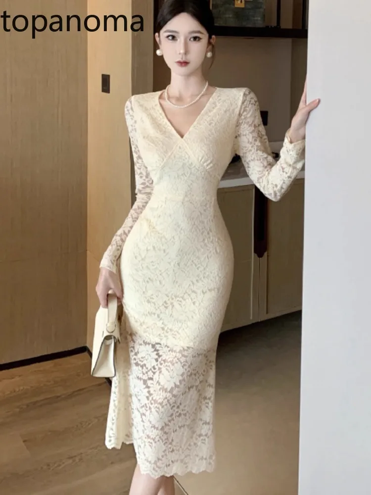 Topanoma Sexy Evening Dresses Women V Neck Lace Patchwork Long Sleeve Slim Elegant Temperament Cocktail Wedding Party Ladies