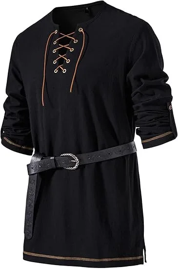 Mittelalterliches Schnür-Tunika-Hemd für Herren, Renaissance-Wikinger-Piraten-Kostüm, langärmliges Retro-Oberteil mit Gürtel für Halloween-Cosplay – Detail 12