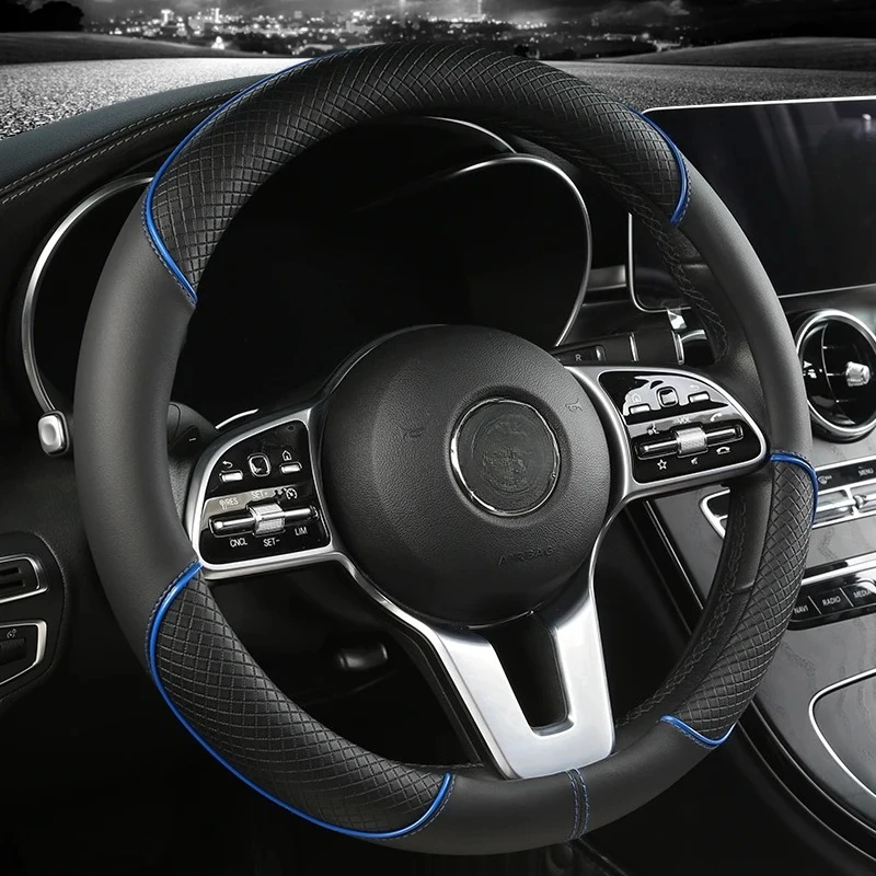 

All Seasons Leather Steering Wheel Cover Universal Fit for 14 .5-15 Inch Durable Leather Cover Anti-Slip Veins Design