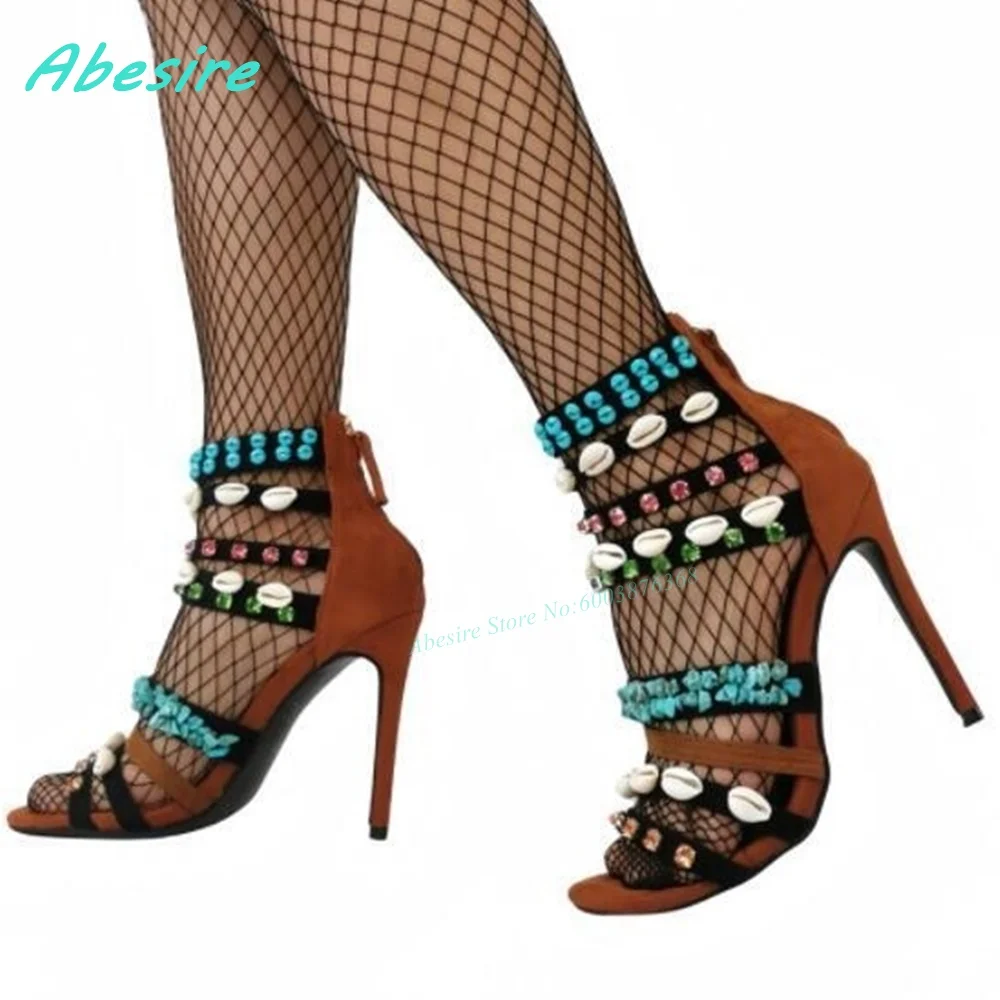 Crystal Shell Turquoise Patchwork Suede Sandals Open Toe Stiletto Heels Zipper Women's Sandals Vacation Bohemian Style Shoes