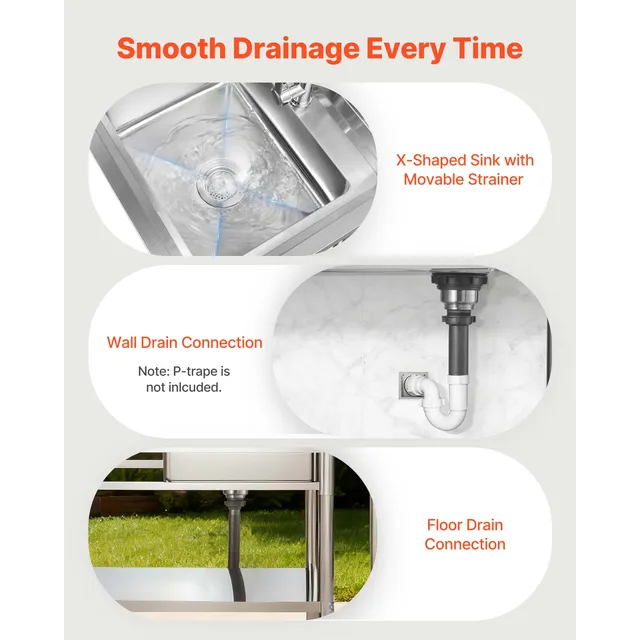 SucceBuy Stainless Steel Utility Sink 39.4/47 x 19.7 x 37 in Commercial Kitchen Sink with Hot & Cold Water Pipe for Restaurant 5