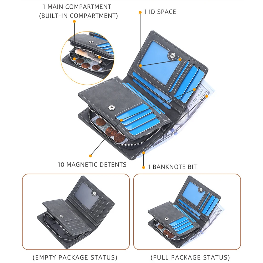 Men's Front Pocket Wallet Slim PU Leather Zipper Closure RFID Protection 10 Card Slots Minimalist image 5