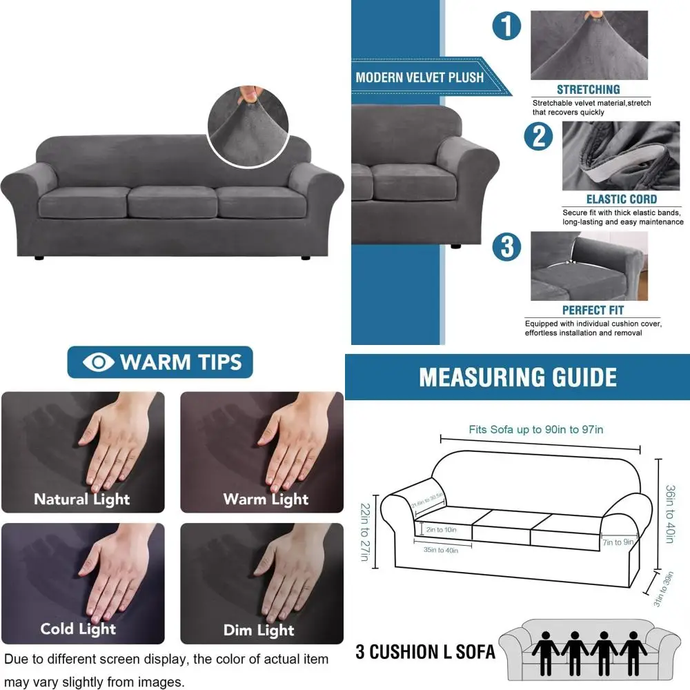 

H.VERSAILTEX High Stretch Sofa Slipcover 4 Piece Cover Velvet Furniture Protector Form Fit Thick Velvet Extra Large Sofa Cover f