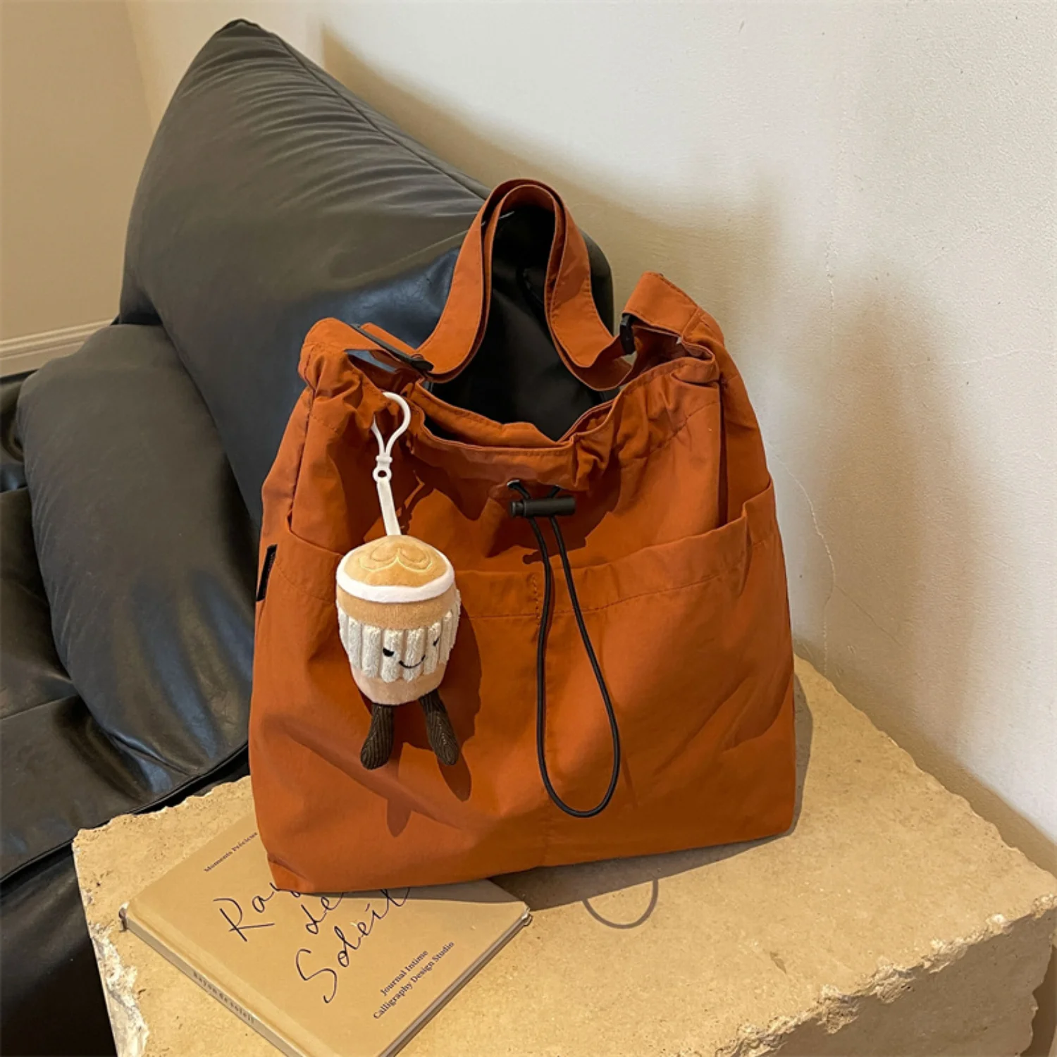 Large Capacity Nylon Tote Bag - Casual Drawstring Bucket Bag for Class and Commuting