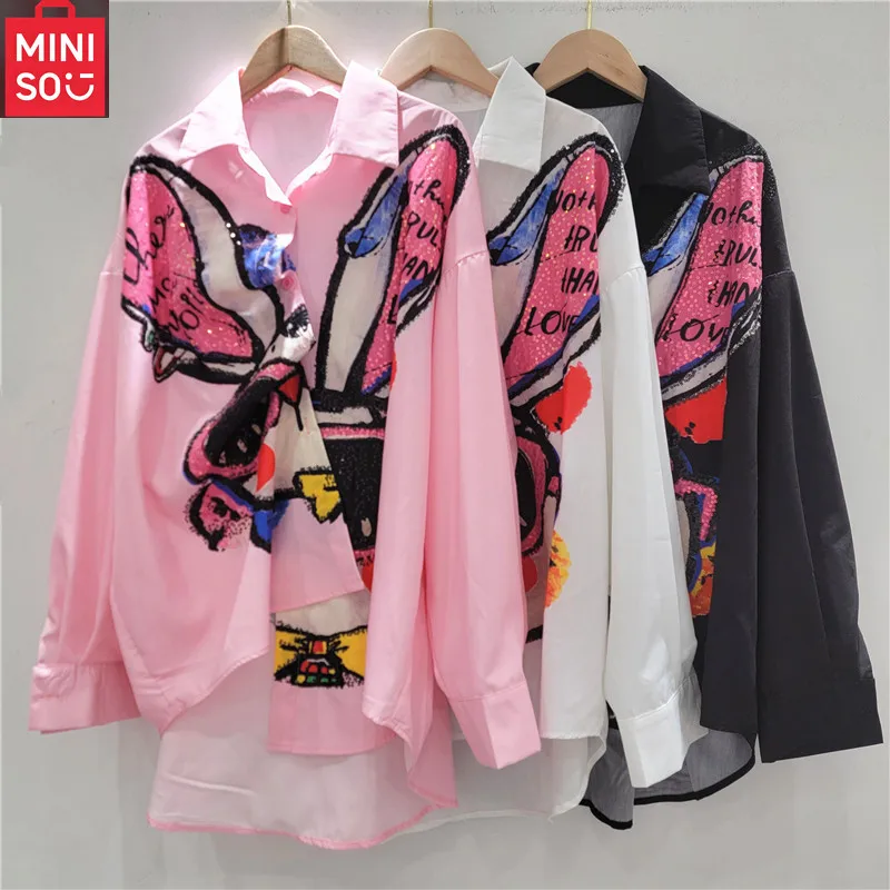 

MINISO Рубашка с длинным рукавом, ранняя осень 2021, новый свободный кардиган в западном стиле для тяжелой промышленности, кардиган с горячими бриллиантами, рубашка в стиле хип-хоп, топ