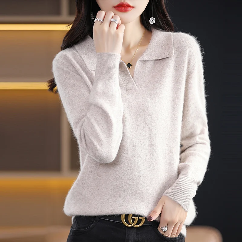 100% Mink Cashmere Soft Sweater Women Polo Collar Pullover Casual Knit Sweater Autumn Winter Warm Solid Color Long Sleeve Top