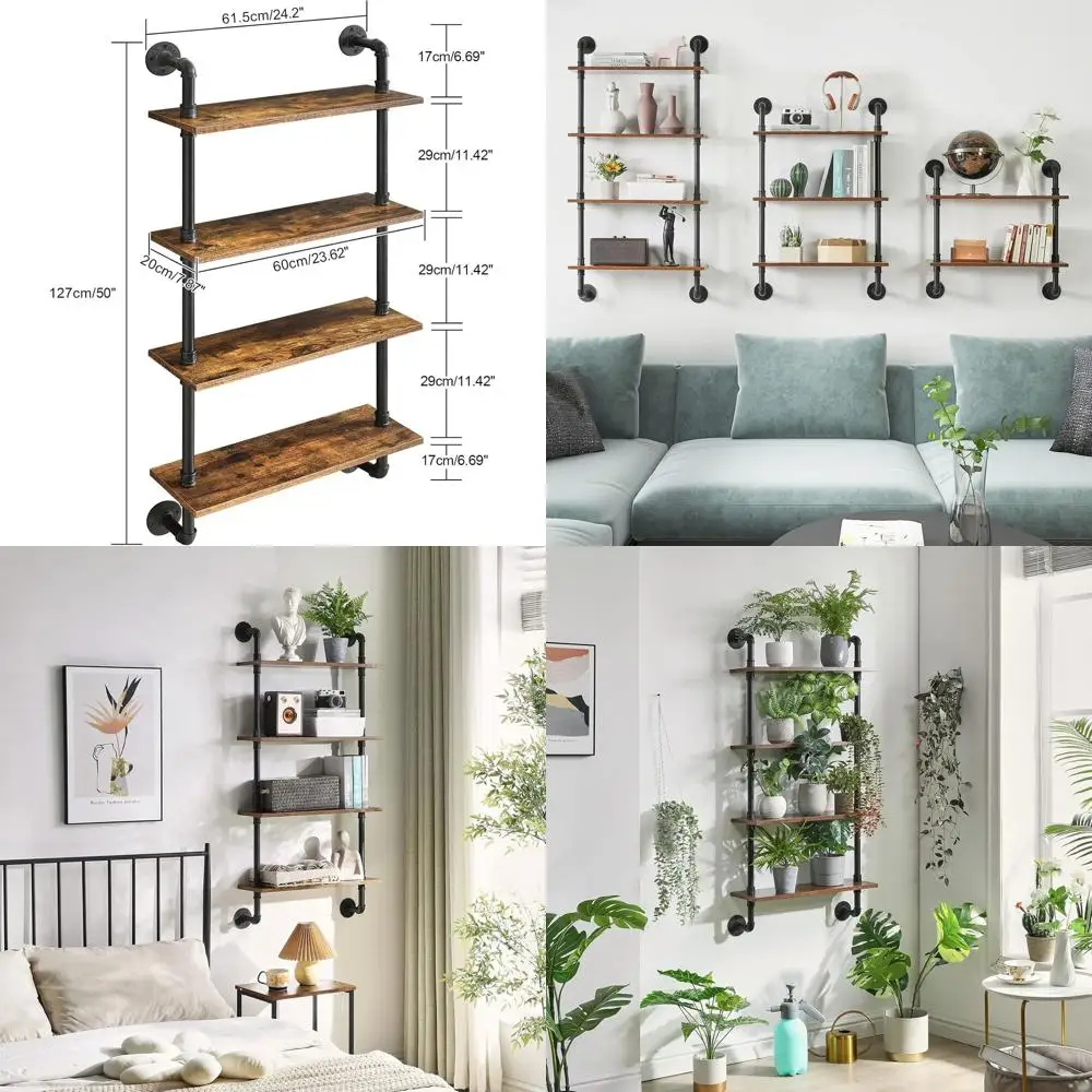 

Retro Wall-Mounted 4-Tier Floating Shelf, Wooden DIY Bookshelf for Storage in Living Room, Bedroom, Office, Bathroom, 24