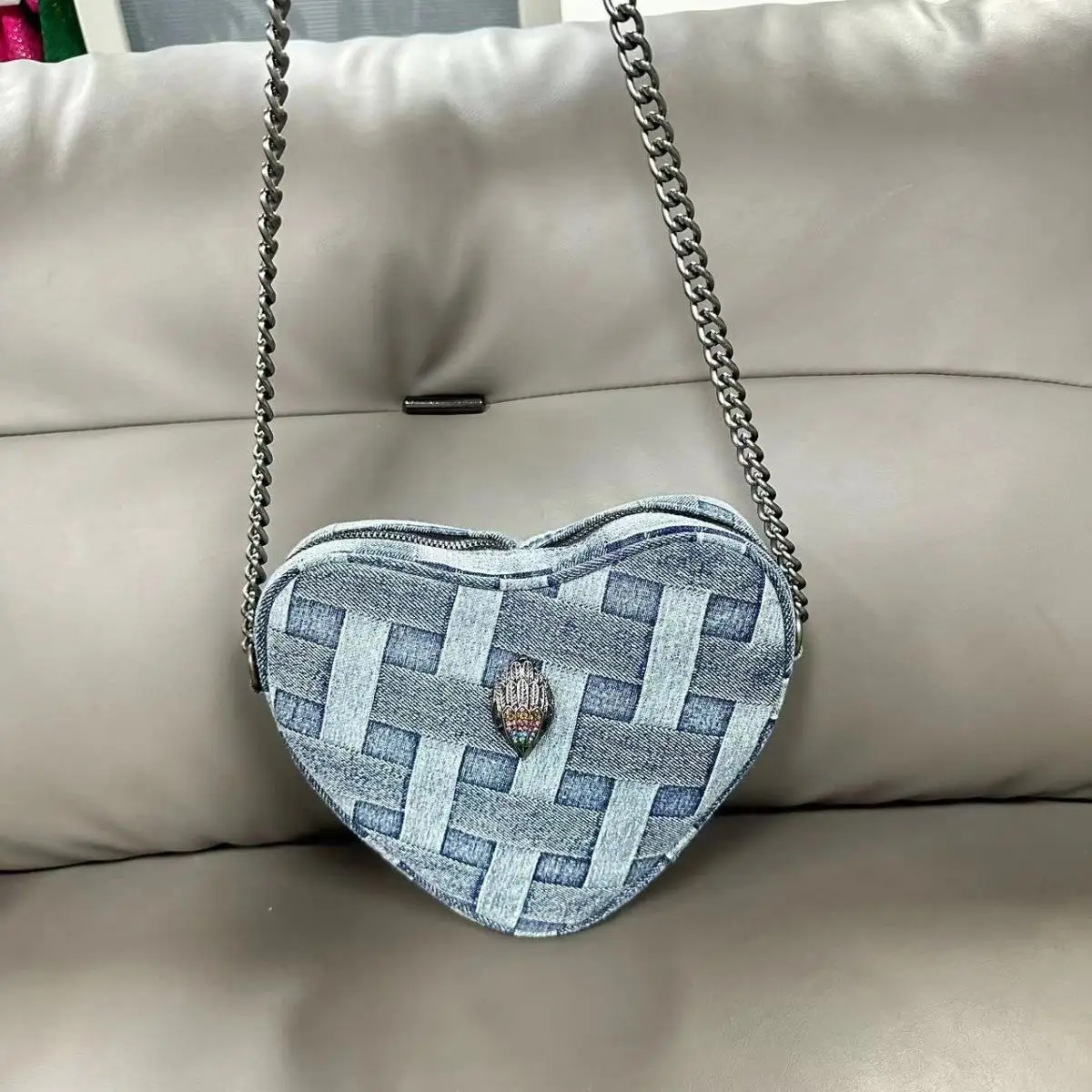 KURT GEIGER LONDON 2024 New diamond check wash denim bag fashion Single shoulder crossbody chain classic retro