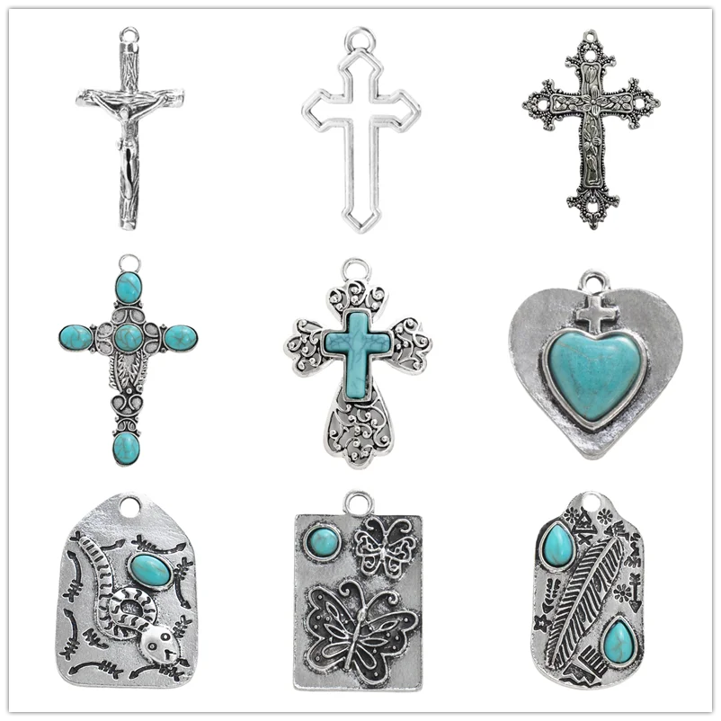 5pcs/Lot Turquoise Bohemian Pendant Vintage Silver Color Heart Cross Snake Butterfly Feather Charms For Jewelry Making Supplies