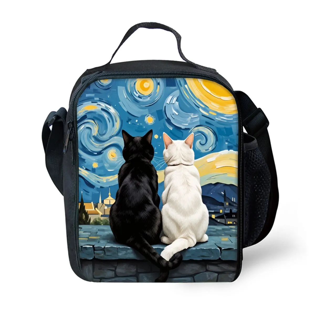 Starry Sky Cat Print Shoulder Strap Insulated Lunch Bags 2D Cartoon Boys/Girls Picnic Food Preservation Lunch Box Bag Thermal