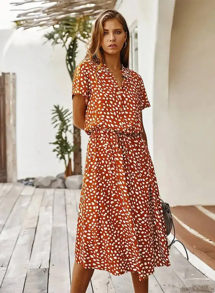 Vintage Floral Print Dress Women Boho Short Sleeve Long Dress Turn Down Collar Casual Waistband Shirt Dresses Robe Summer M5H1