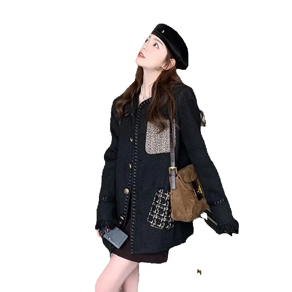 French Dlack Small Fragrance Fashion Coat Female High Sense 2024 Spring And Autumn New Design Tweed Windbreaker Female Tide.