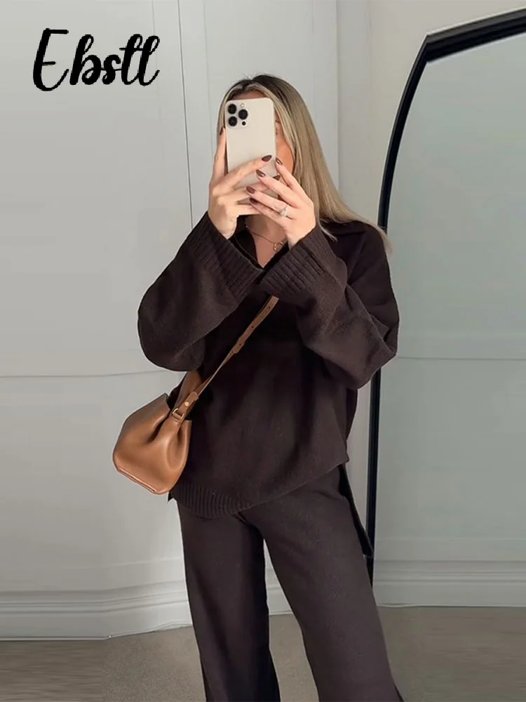 Lapela de malha pulôver calças terno feminino sólido com decote em v manga cheia blusas perna larga calças compridas 2025 outono nova senhora outfits