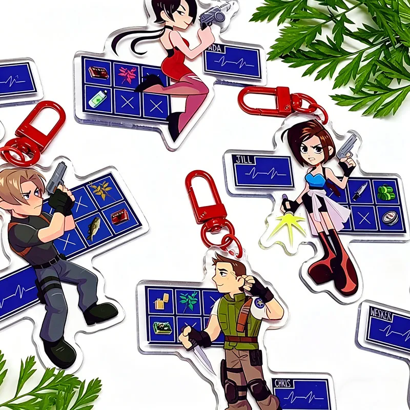 Resident Evil Acrylic Keychain-Leon, Claire, Jill, Ada Wong Charms with Herb & Ammo Design, Classic Game Item Pendant for RE Fan