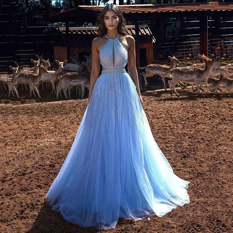 Cleeshuo-Robe de Soirée en Tulle à Paillettes et Dos aux, Tenue de Princesse Élégante à Plis à Plusieurs Niveaux, Bleu Ciel, 2024