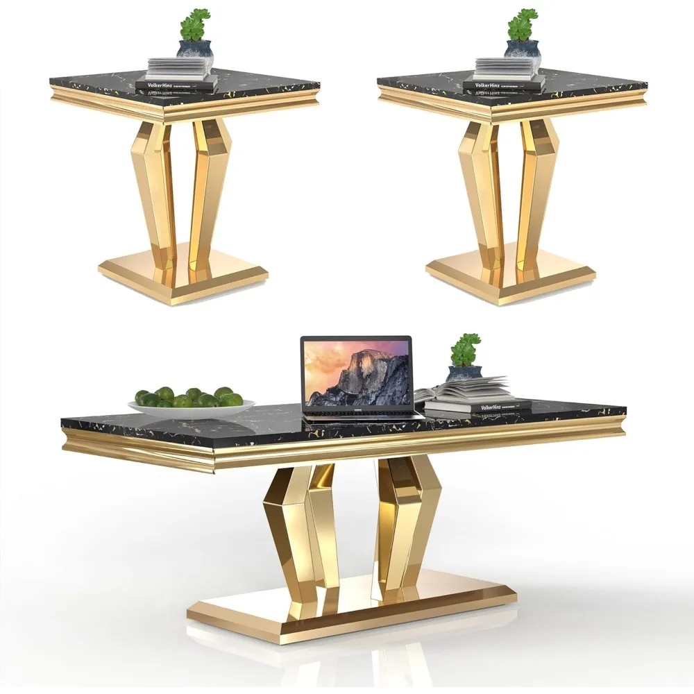 

Living Room Coffee Table Set of 3, Modern Marble Coffee Table and 2 End Side Tables, 3-Piece Living Room Table Set with Stainles