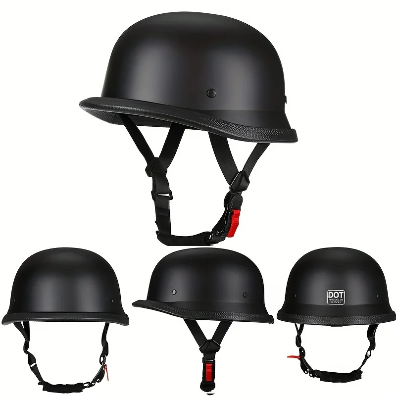 

Open-face retro half helmet with DOT-certified open visor, available in multiple sizes. Stylish semi-shell design for scooters,