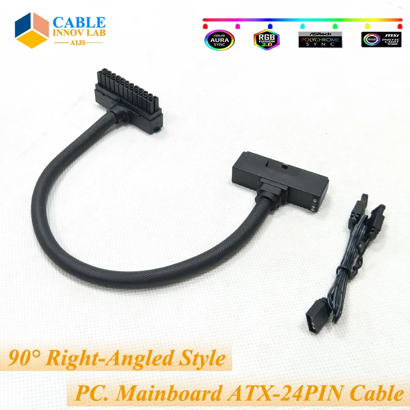 AXT 24PIN Motherboard extension cable Male-to-Female Connectors 5V 3PIN ARGB PC Cable 18AWG 90 degrees right angle design