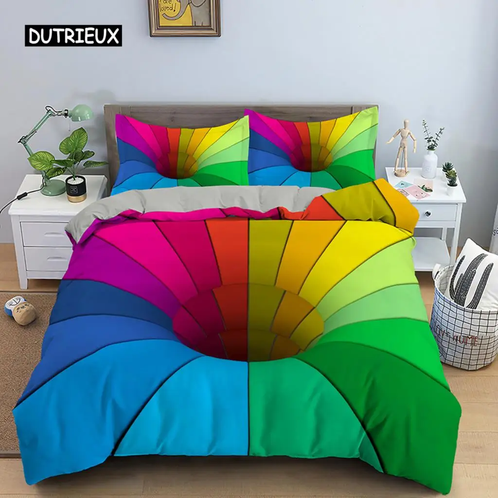 Colorful Stripes Duvet Cover Set 3D Twisted Colorful Psychedelic Stripes Quilt Cover for Teens Polyester King Size Bedding Set