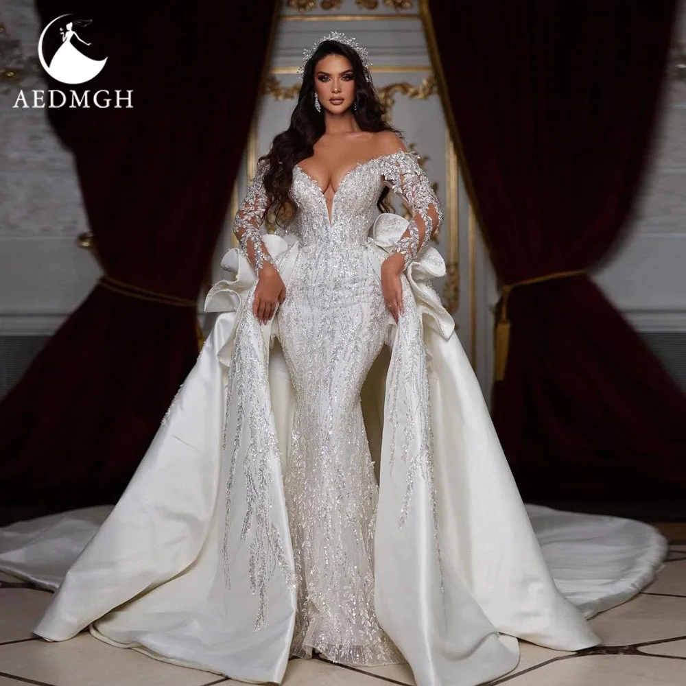 

Aedmgh Mermaid Sexy Wedding Dresses Sweetheart Vestido De Novia Lace Sequined Detachable Train Satin Custom Made Bridal Gown