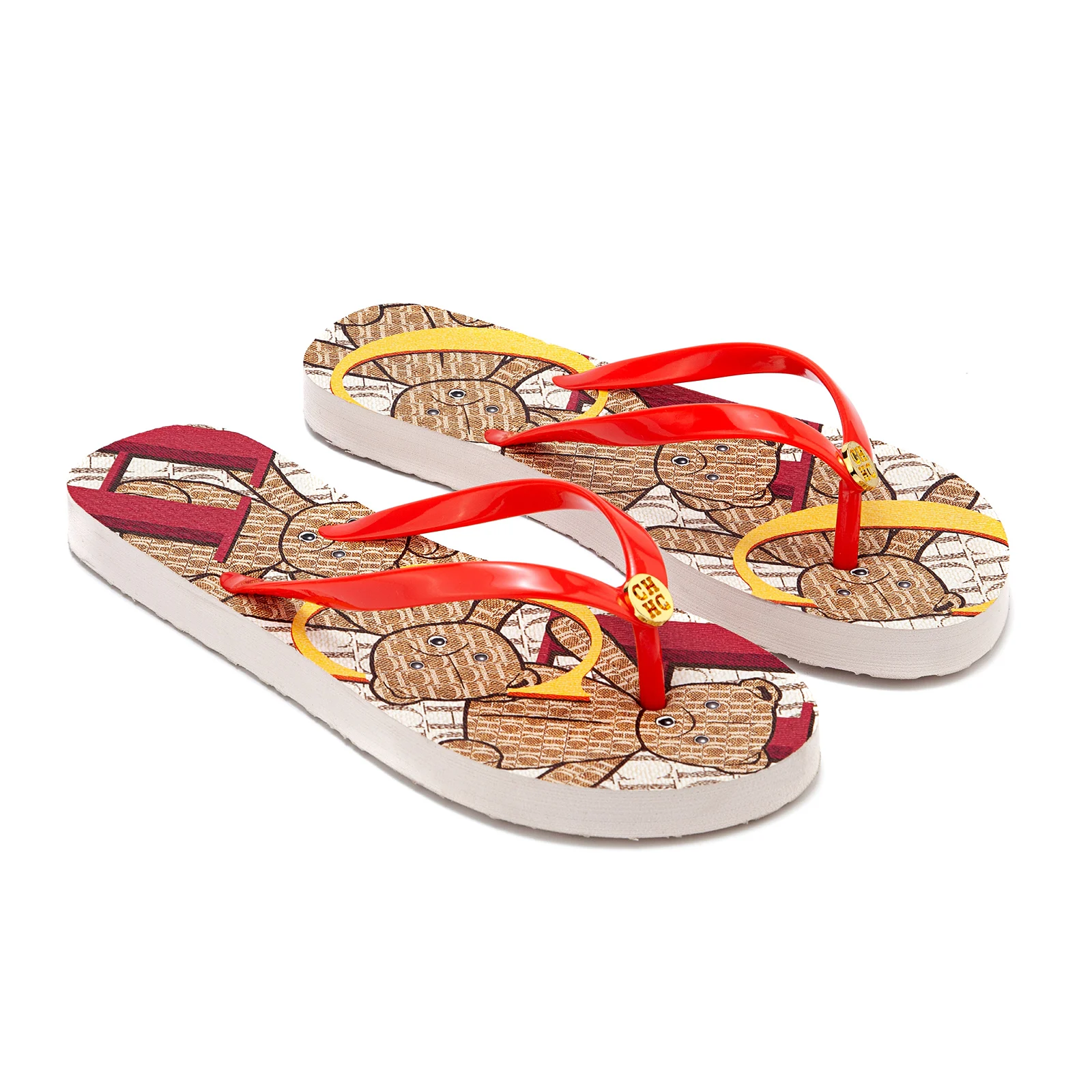 Red Bear Pattern Flip Flops Kids Non Slip Design Family Vacation Fun Gift Red Box Set