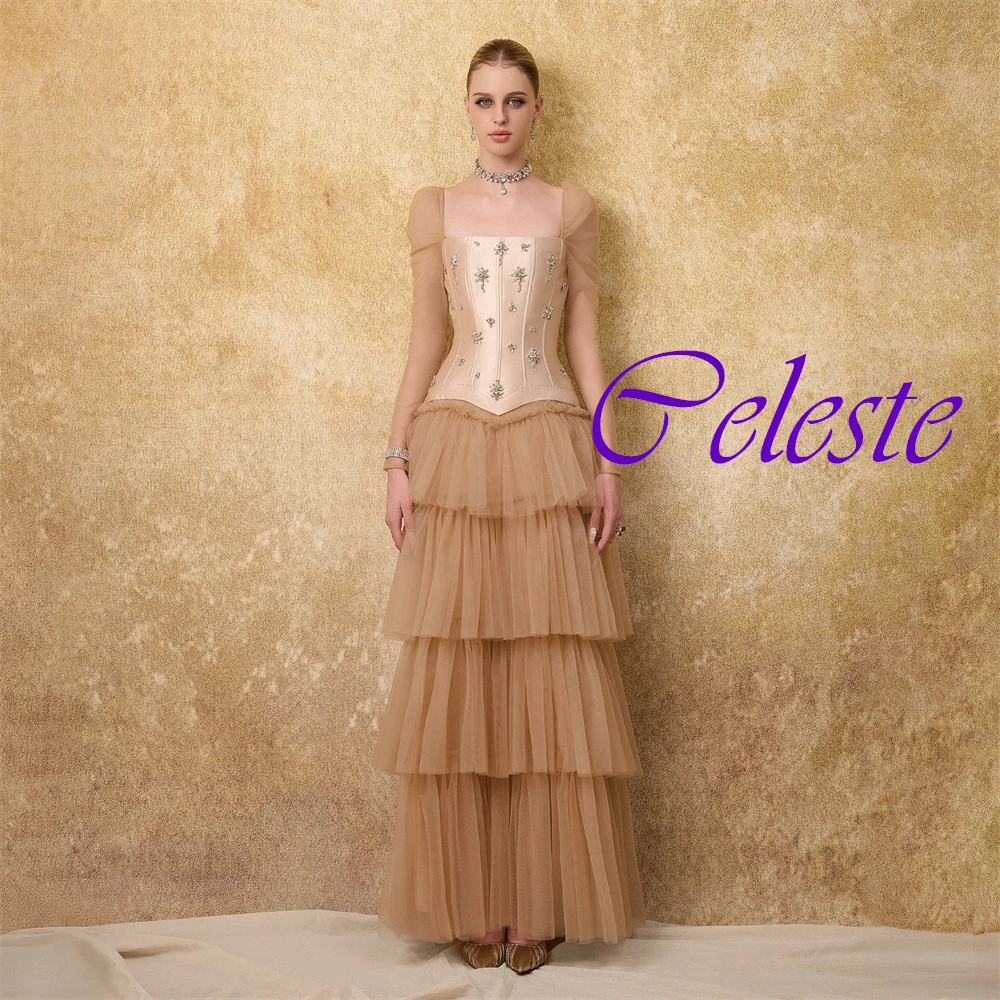 Maßgeschneidertes Abendkleid mit quadratischem Kragen und kurzen Ärmeln, elegantes, gestuftes A-Linien-Ballkleid, hochwertiges Kristall-Partykleid – Detail 6